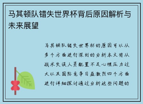 马其顿队错失世界杯背后原因解析与未来展望
